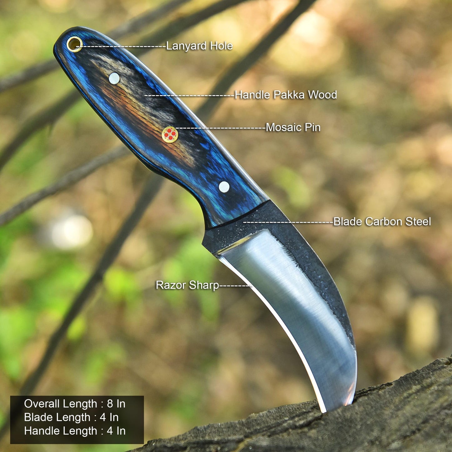 Trade Scorpio Handmade 1095 high Carbon Steel Lineman Hawkbill knife- Wire Skinnning Knives- With Pancake Leather Sheath- Fixed Blade Knife- electrician knife (Blue & black Wood)