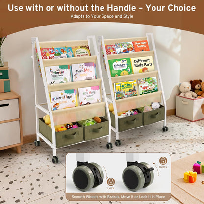 EARLY MINDS 3-Tier Kids Bookshelf with Storage, Wheels & Handle, Montessori Sling Book Organizer for Toddlers