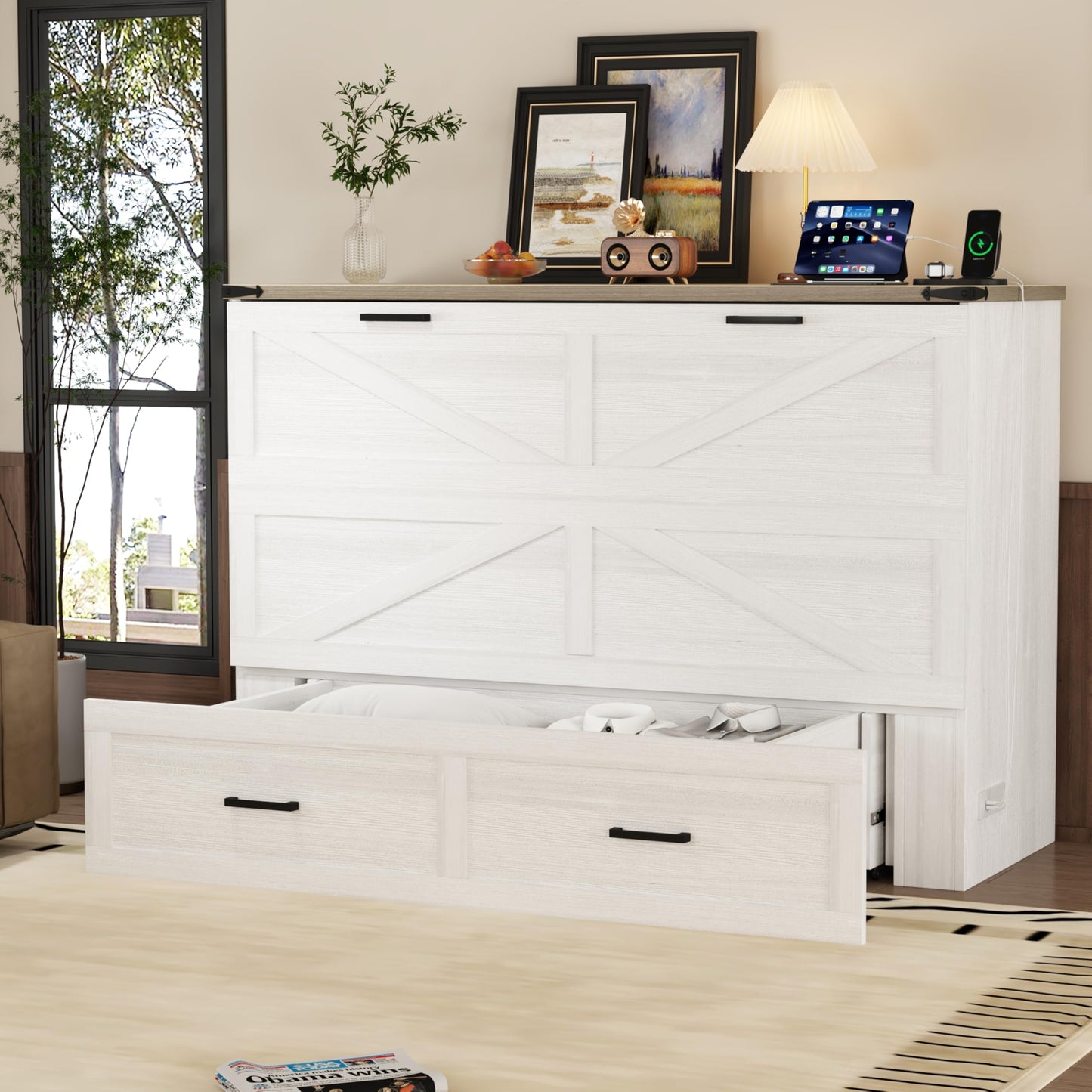 Ball & Cast Murphy Bed Queen,Farmhouse Hideaway Cabinet Bed with Charging Station and Large Storage Drawer,Foldable Wall Murphy Beds w/Slat Support,Space-Saving Furniture for Study,Office,White