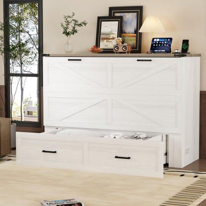 Merax Modern Farmhouse Solid Wood Murphy Cabinet Bed with Charging Station, Foldable Wall Platform Bed with Storage Drawer/No Box Spring Needed/Easy Assemble/Full, White