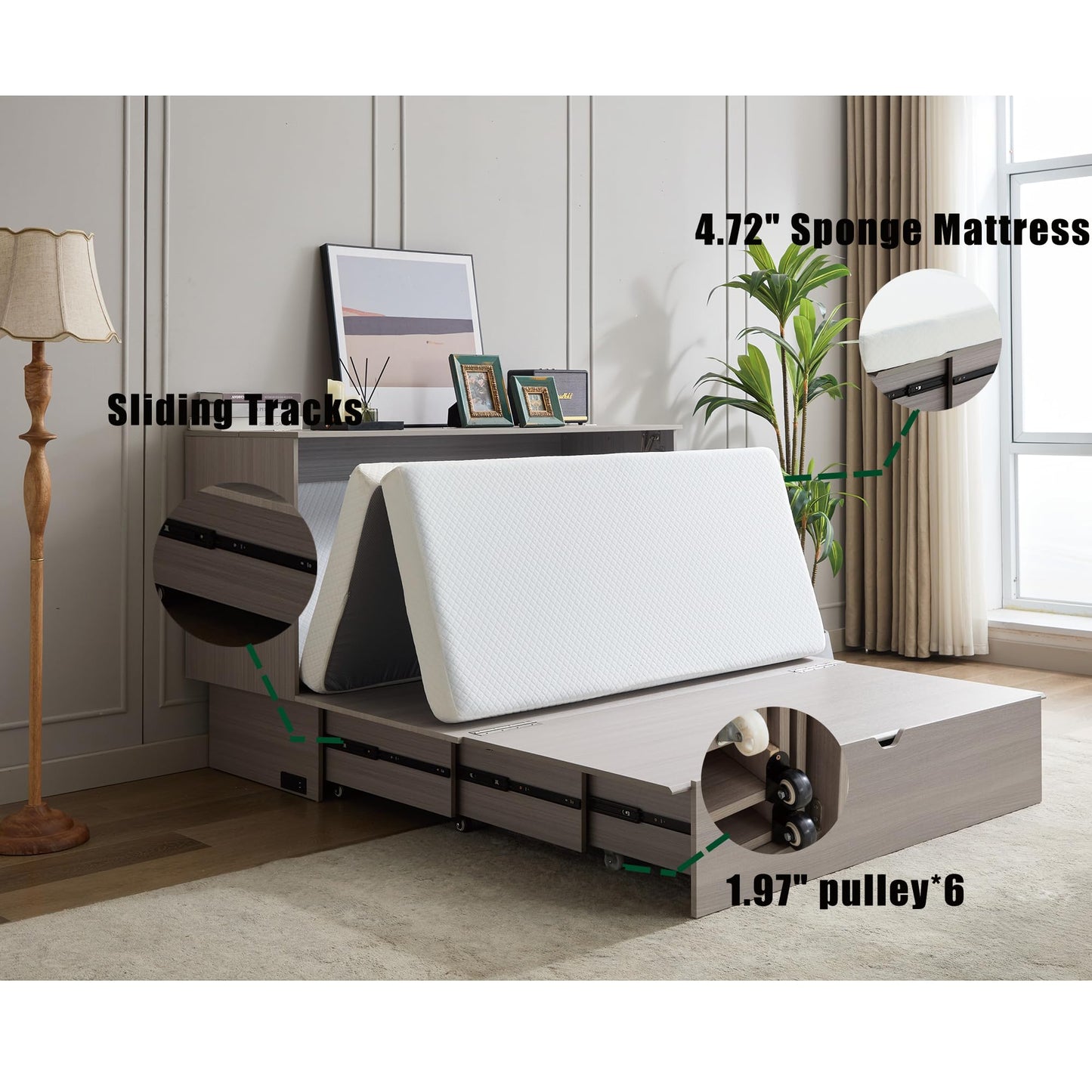 KEIKI Murphy Bed Cabinet Queen - Foldable Wall Bed with Foam Mattress, 2 Large Storage Drawers & USB Charging Station, Space Saving Furniture for Guest Room, Bedroom, Office, Living Room, Grey