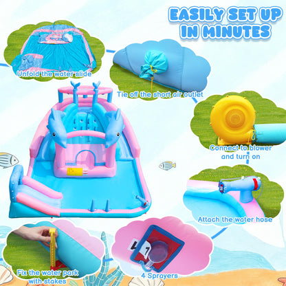 BounBounTime Inflatable Water Slide, Dolphin Bounce House for Kids 3-12, Water Park with Blower, Splash Pool, Climbing Wall, Water Cannon, Bouncy Castle for Backyard Summer Fun, 195 x 162 x 104 inches