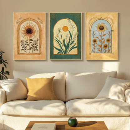 Framed Boho Sage Green Wall Art for Living Room, Large Mid Century Modern Tropical Leaf Canvas Artwork for Walls, 3 Piece Beige Orange Bohemian Wall Art Prints for Bedroom Kitchen Hallway, 16x24 Inch