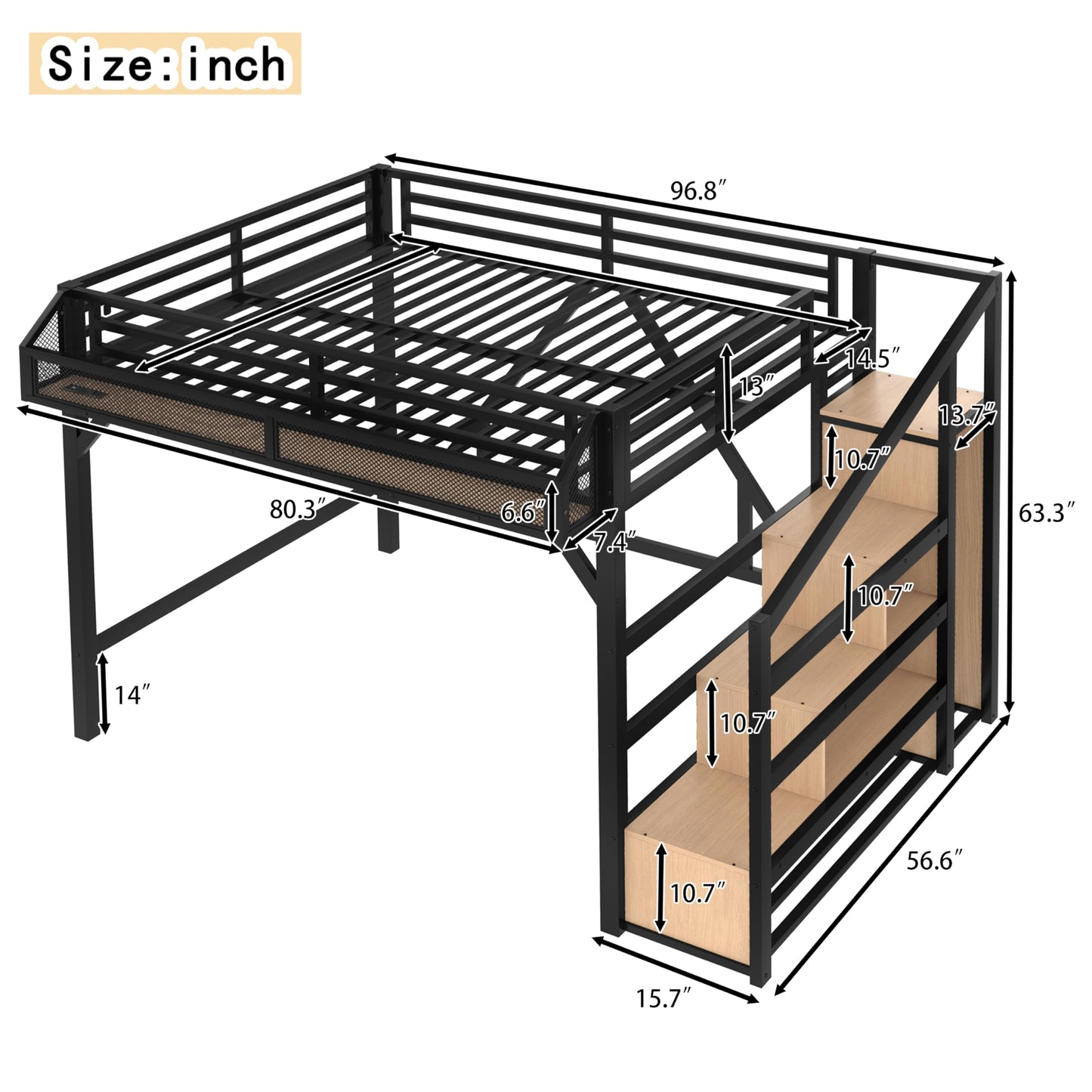 Queen Loft Bed with Stairs and Wardrobe, Queen Size Loft Bed with Charging Station, Lights and Bedside Shelf, Heavy Duty Loft Bed Frame for Adults, Teens, Kids, Noise Free, Natural Wood