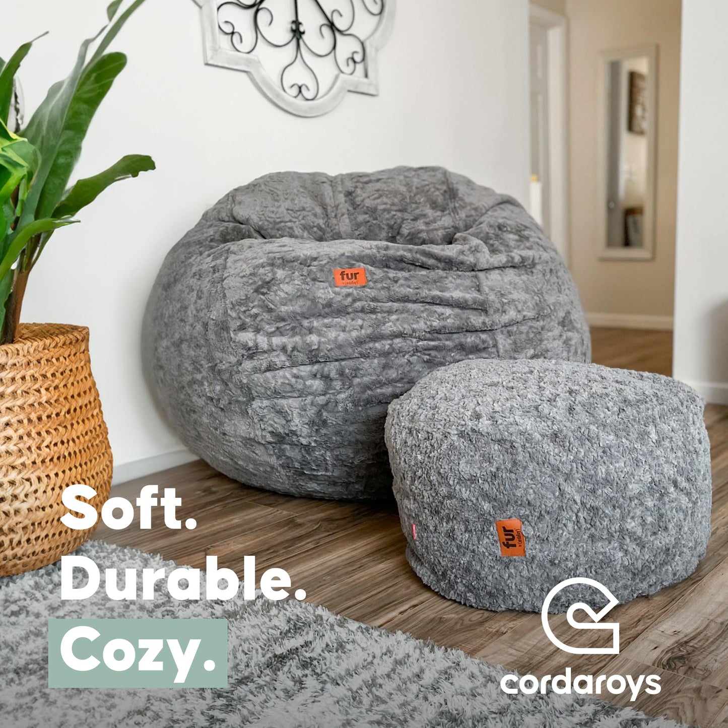 CordaRoy's Faux Fur Bean Bag Chair, Convertible Chair Folds from Bean Bag to Lounger, As Seen on Shark Tank, Grey - King Size