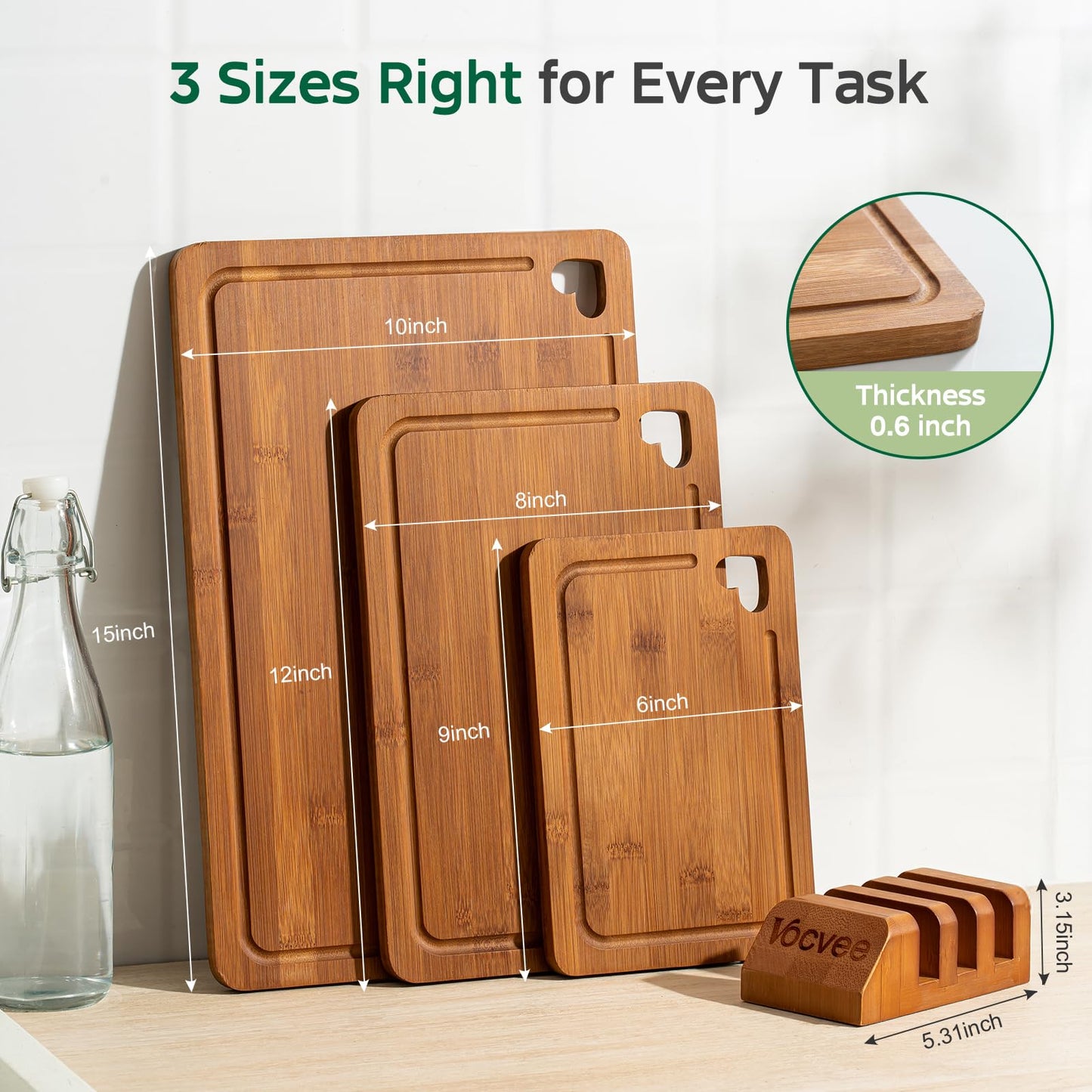 Vocvee Bamboo Cutting Boards for Kitchen(Set of 3), Wood Cutting Board with Wood Storage Stand, Charcuterie & Chopping Board for Vegetables and Meat, with Deep Juice Groove, Ideal Kitchen Gifts