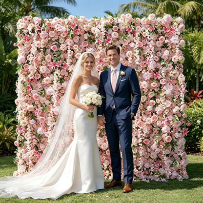 5D Realistic Rose Flower Wall Backdrop, 8×8FT Reusable Flower Wall Panel, Easy to Install & Store, Ideal for Wedding, Birthday Party & Home Decoration, Pink, Without Stand