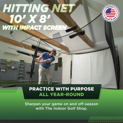 The Indoor Golf Shop - Golf Net 10' x 8' with Impact Screen Knotless Golf Hitting Net with Simulator Screen for Indoor and Outdoor Practice - Arrives Ready to Assemble and Use