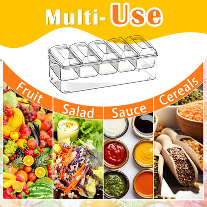 ARSTPEOE Condiment Tray, Chilled Condiment Server for Home, Party, Celebration, Bar Garnish Holder on Ice, Bar Accessories Fruit and Salad with Removable Trays and Lids (5 Spoons & 2 Tongs)