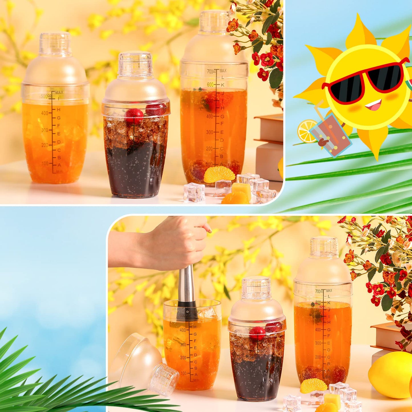 Lallisa 12 Pcs Plastic Cocktail Shaker Drink Mixer with Scales and Strainer Top Clear Shaker Cup with Measurement Plastic Mixing Tool for Tea Coffee Bubble Tea Milk(350 Cc/ 12 oz)