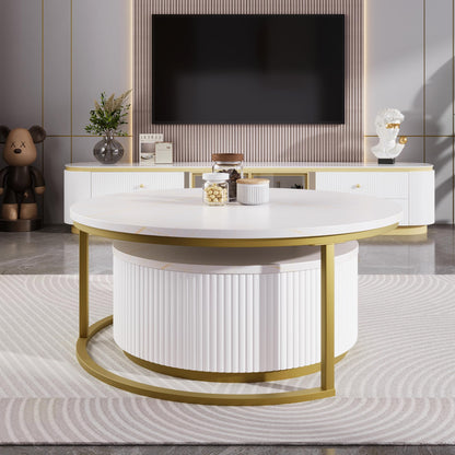 Merax Round Nesting Coffee Table Set of 2 with Storage Drawer and Marbling Tabletop, Perfect for Living Room Apartment, White