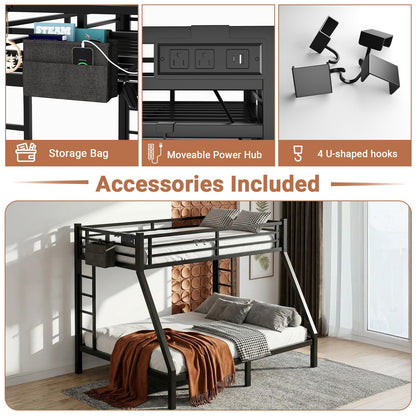 XUWANSHANG Twin XL Over Queen Bunk Bed Frame, Heavy Duty Metal Loft Bed for Adults/Teens, 350/600LB Capacity w/Ladder & Guardrail, Noise-Free Steel Slats, No Box Spring Required, Black