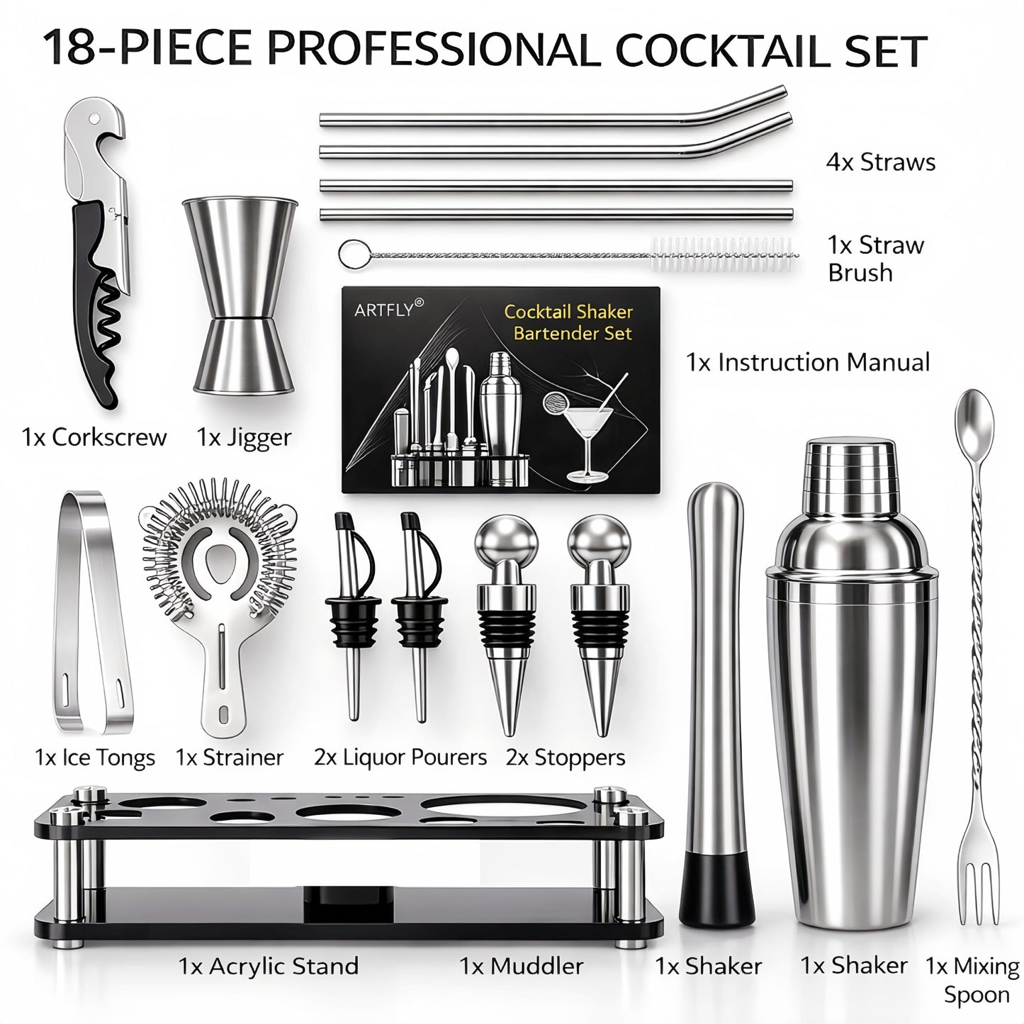ARTFLY Cocktail Shaker Set, 18-Piece Bartender Kit with Acrylic Stand, 18/8 Stainless Steel Bar Set with Martini Shaker, Jigger, Muddler & Recipe Book for Home Bar