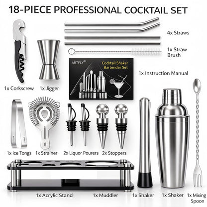 ARTFLY Cocktail Shaker Set, 18-Piece Bartender Kit with Acrylic Stand, 18/8 Stainless Steel Bar Set with Martini Shaker, Jigger, Muddler & Recipe Book for Home Bar