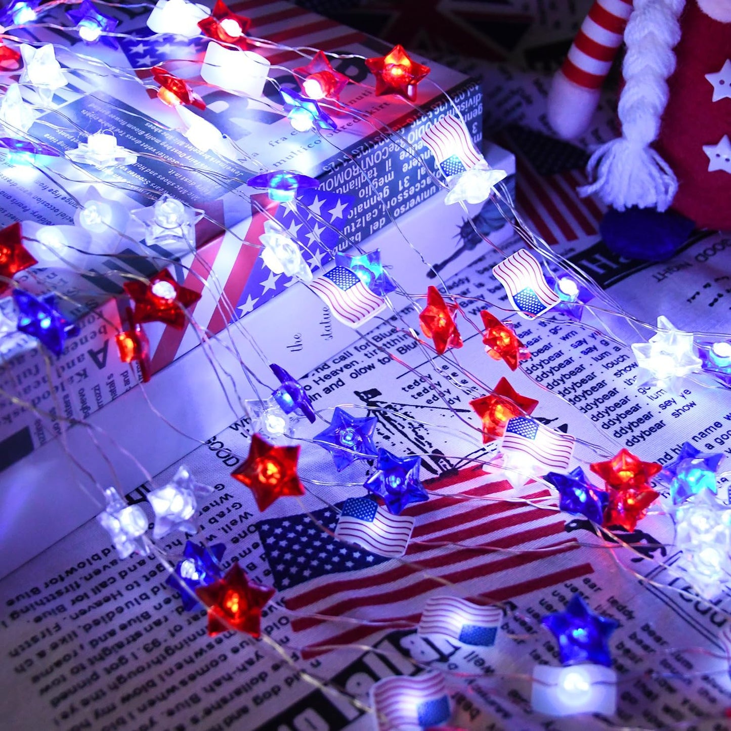 2 100 4th 34Ft 8 PASUTO Pcs LED of July Decorations American Flag & Star Fairy Lights Battery Operated, Mini Red White