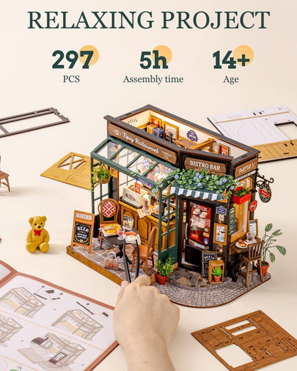 Rolife DIY Miniature House Kit 1:18 Coffe&Bar Dollhouse Diorama Model, Build Mini House Building Kit with LED Light Hobby Crafts for Adults Gift for Him Her (Tipsy Restaurant)
