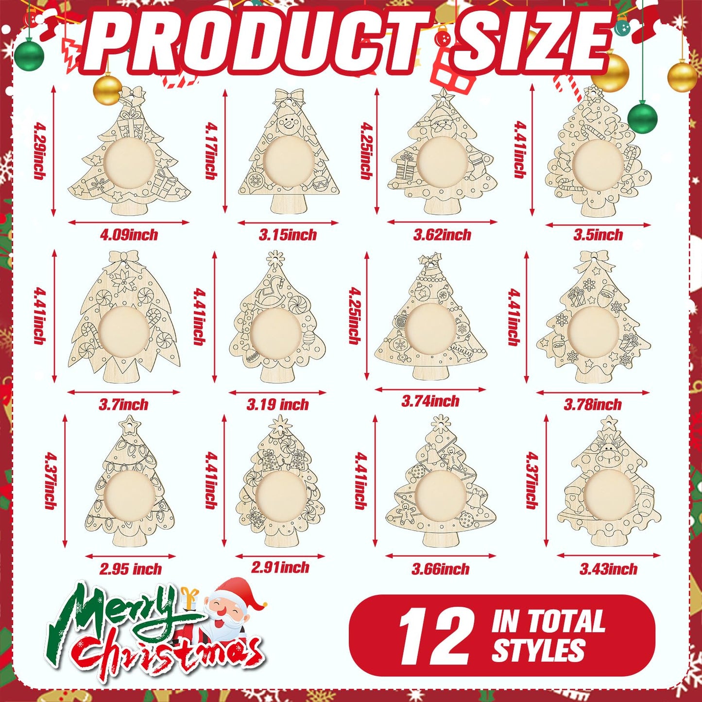 Qunclay 12 Pcs Unfinished Wood Christmas Picture Frame 12 Styles DIY Christmas Tree Photo Frame Wooden Ornaments with Paint Set for Xmas Tree Home Decoration