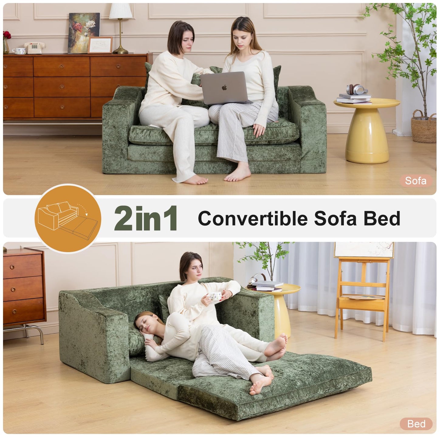 61" Convertible Sofa Bed Loveseat, Memory Foam Boneless Floor Couch with Removable Plush Velvet Cover, Tri-folding Compact Full-size Sleeper for Small Living Room, Playroom, Guest Room, RV (Emerald)