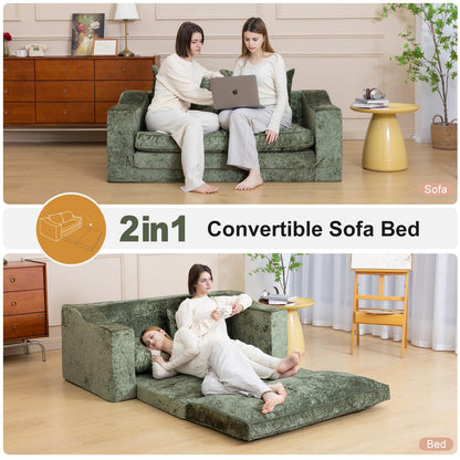 61" Convertible Sofa Bed Loveseat, Memory Foam Boneless Floor Couch with Removable Plush Velvet Cover, Tri-folding Compact Full-size Sleeper for Small Living Room, Playroom, Guest Room, RV (Emerald)