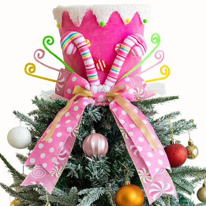 Christmas Tree Topper Hat, Candy Canes Tree Topper, Pink Tree Topper Christmas Decorations with Bow Ribbon Christmas Tree Ornaments for Home Decor