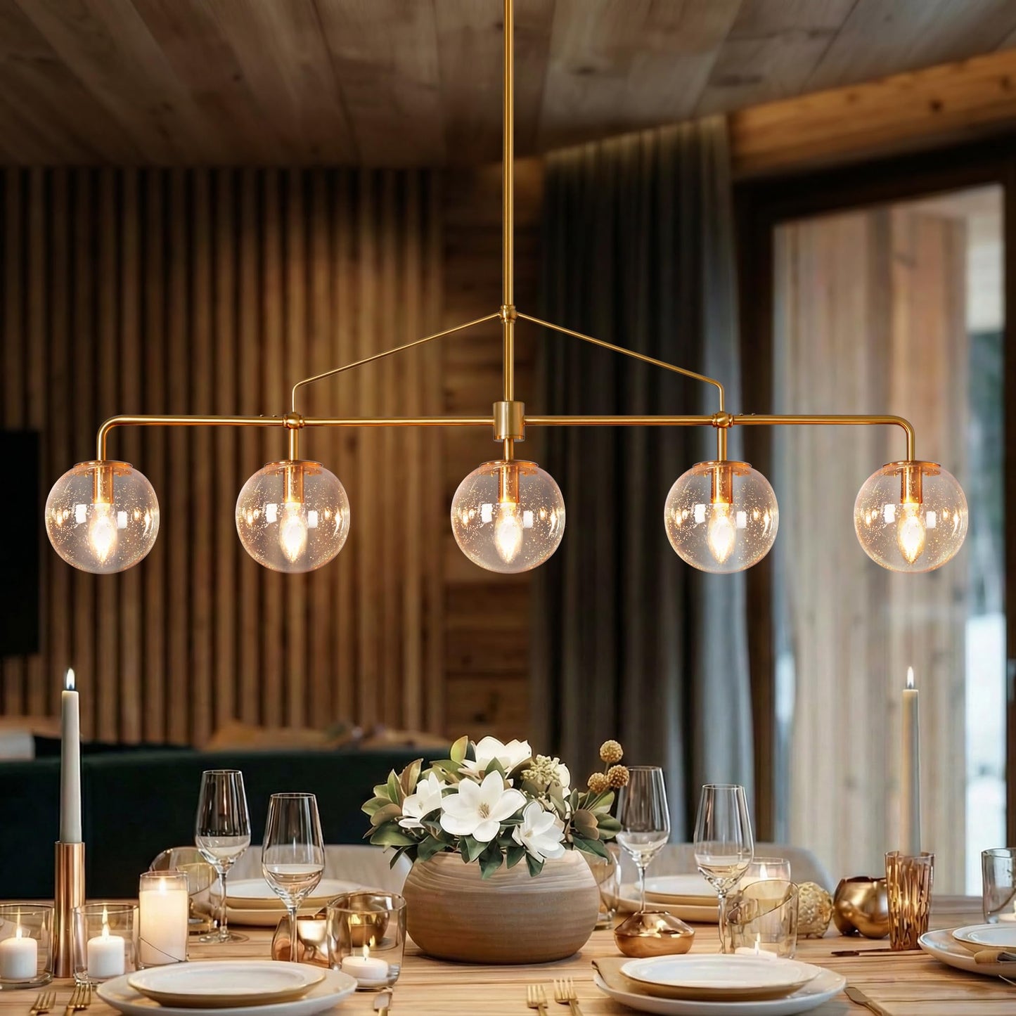 Lzawvm Modern Linear Chandelier Gold 5 Light Dining Room Linear Chandelier with Seeded Glass Globe 39 Inch Kitchen Island Pendant Light Electroplated Copper Finish for Farmhouse Living Room