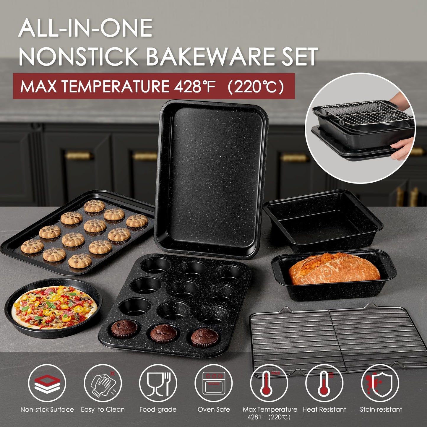 Kikcoin Pots and Pans Set Non Stick 31 Piece Kitchen Nonstick Cooking Cookware Sets with Grill Pan Saucepan Baking Sheet Utensil, Black