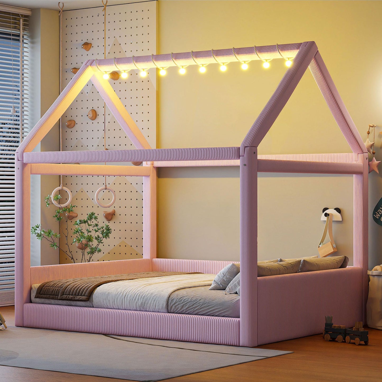 Merax Modern Upholstered House Bed, Floor Upholstered Sofa Daybed with Wood Slat Support,Platform Bed Frame with Headboard/Full, Pink
