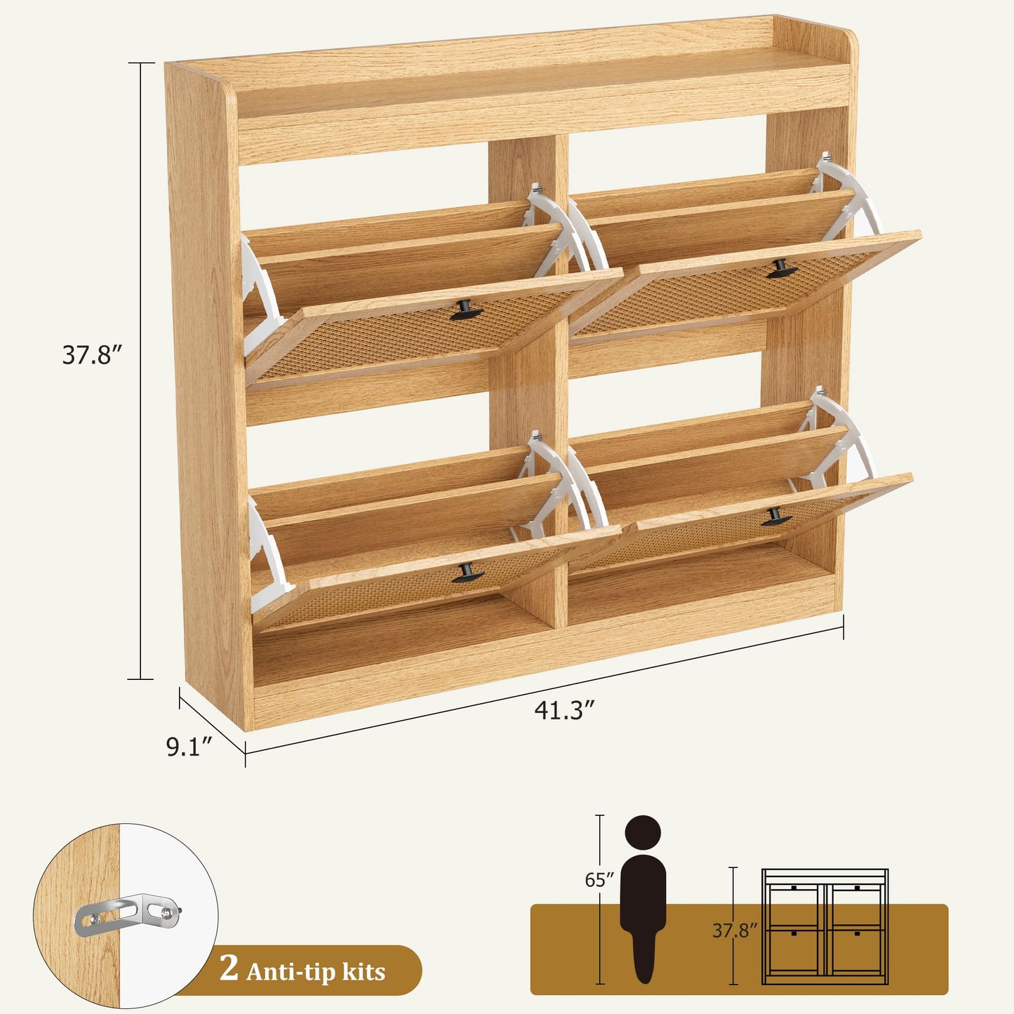 Shoe Cabinet with 4 Deep Flip Drawers, Base Freestanding Wooden Shoe Storage Cabinet with Rattan Door & 3-Tier Adjustable Shelves,Shoe Organizer for Entryway,Hidden Shoe Rack for Hallway,2PCS