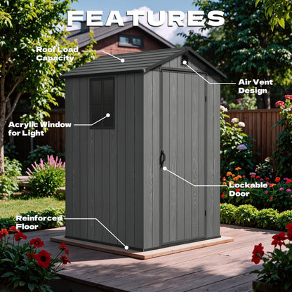 Devoko 4×4 FT Resin Storage Shed with Floor, Plastic Outdoor Garden Shed with Windows and Lockable Doors, Waterproof Outside Tool Sheds for Patio Backyard Lawn, Dark Gray
