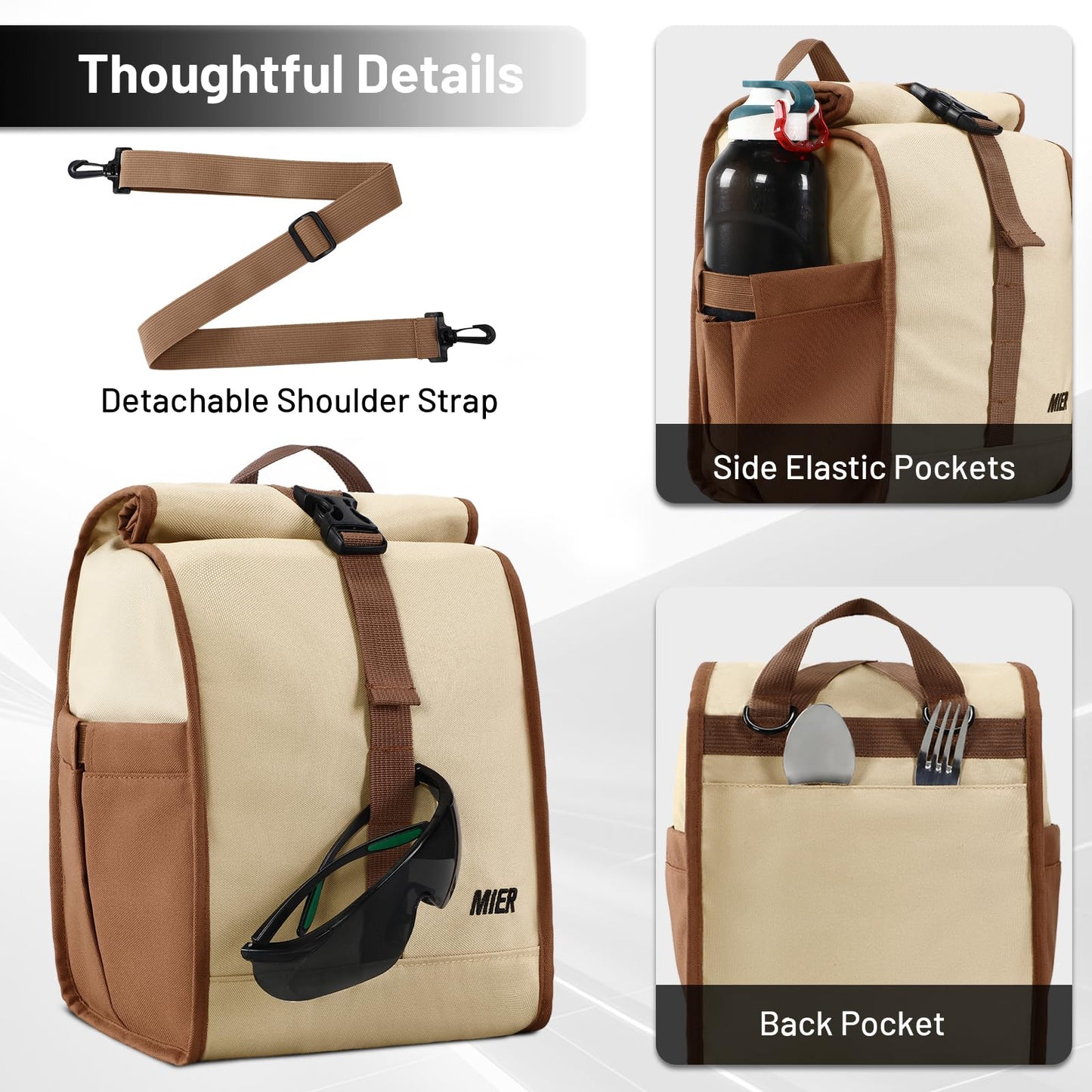 MIER Insulated Lunch Bag Roll Top Lunchbox for Women Men Adults Foldable Rolltop Lunch Tote with Shoulder Strap for Work Office Picnic, Water Bottle Holder, Khaki