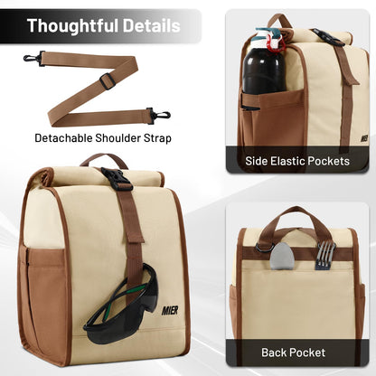 MIER Insulated Lunch Bag Roll Top Lunchbox for Women Men Adults Foldable Rolltop Lunch Tote with Shoulder Strap for Work Office Picnic, Water Bottle Holder, Khaki