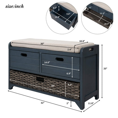 GDFStudio 2-Tier Shoe Storage Bench with Removable Basket & 2 Drawers, Farmhouse Entryway Shoe Organizer Bench with Upholstered Cushion, Wood Entry Bench Fully Assembled for Hallway Living Room, Navy