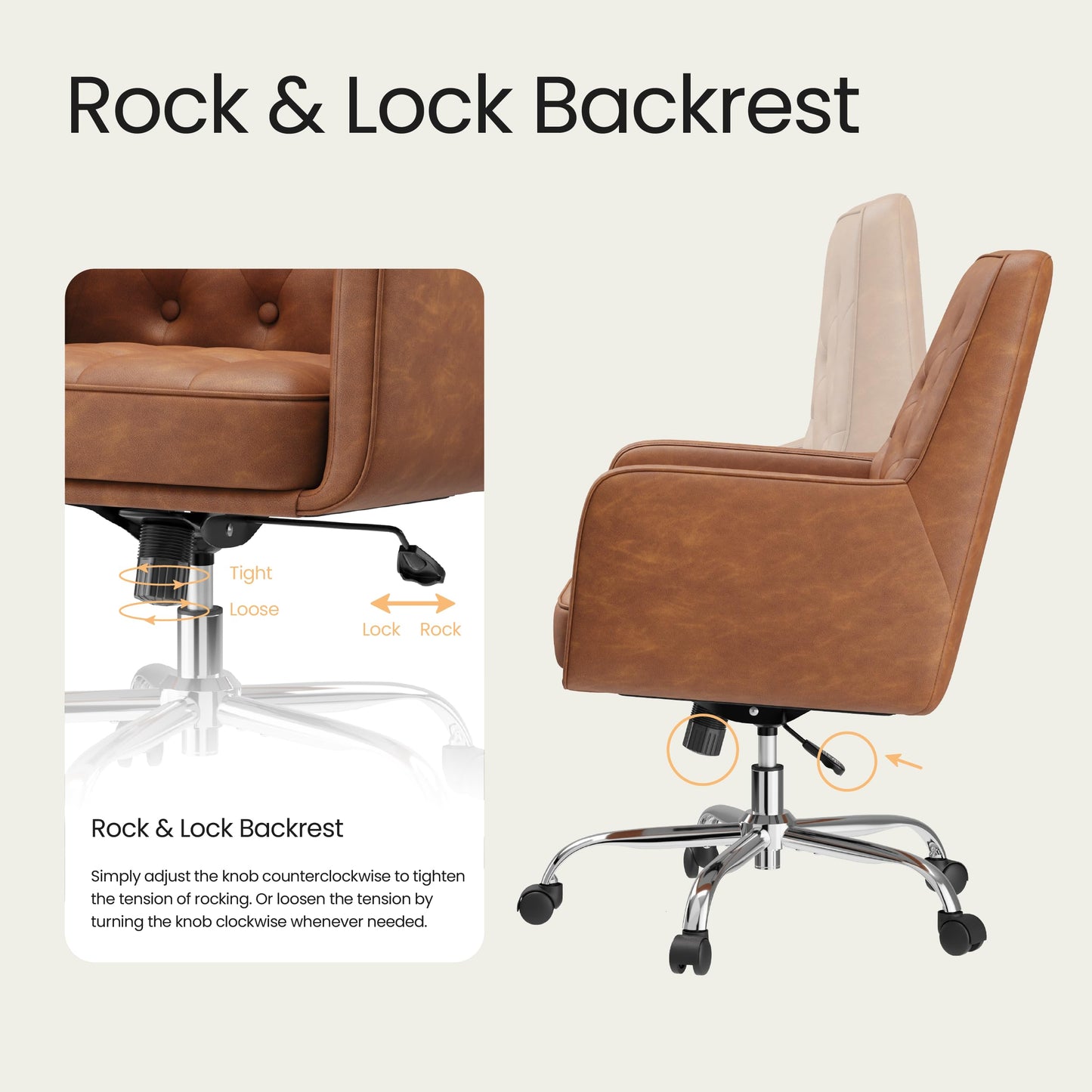 COLAMY Verso Home Desk Chair with Armrest, Leather Swivel Office Chair Adjustment Height with Wheels,Comfortable Padded Seat, Brown