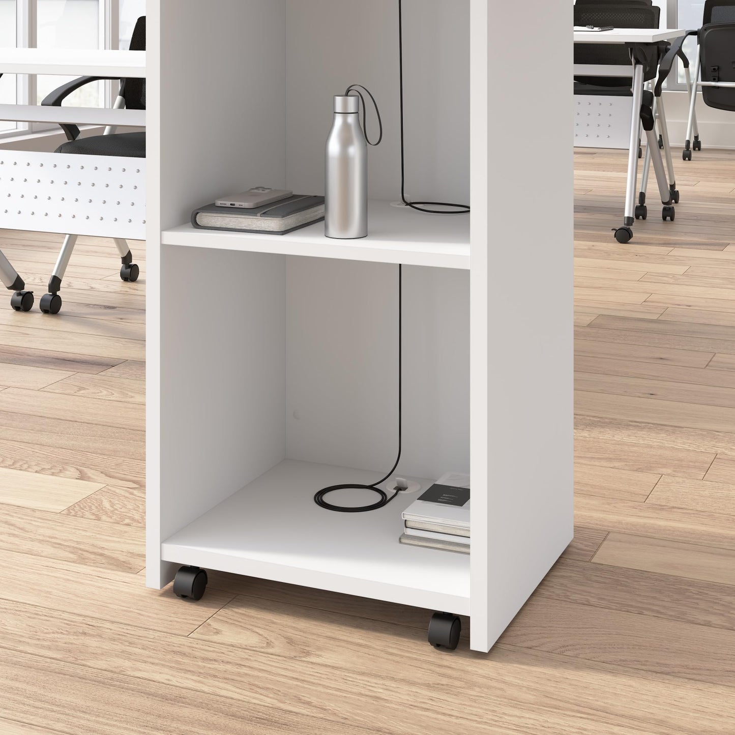 Bush Business Furniture Podium Lectern, 48 inch Tall, Professional-Grade Mobile Presentation Stand Up with Shelves, Envision Collection, White