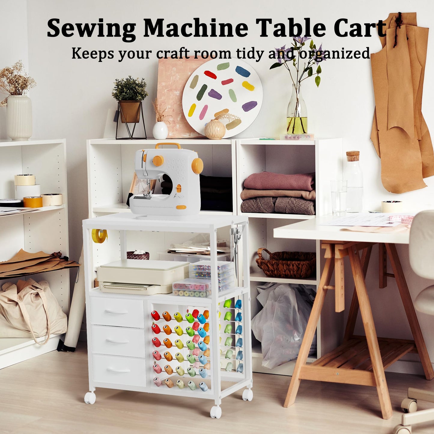 Sewing Table with 60 Spools Thread Holder and 3 Fabric Drawers, Rolling Sewing Machine Table for Storage Embroidery Machine, Rolling Craft Table Cart for Sewing Organizer, White, Patent Pending