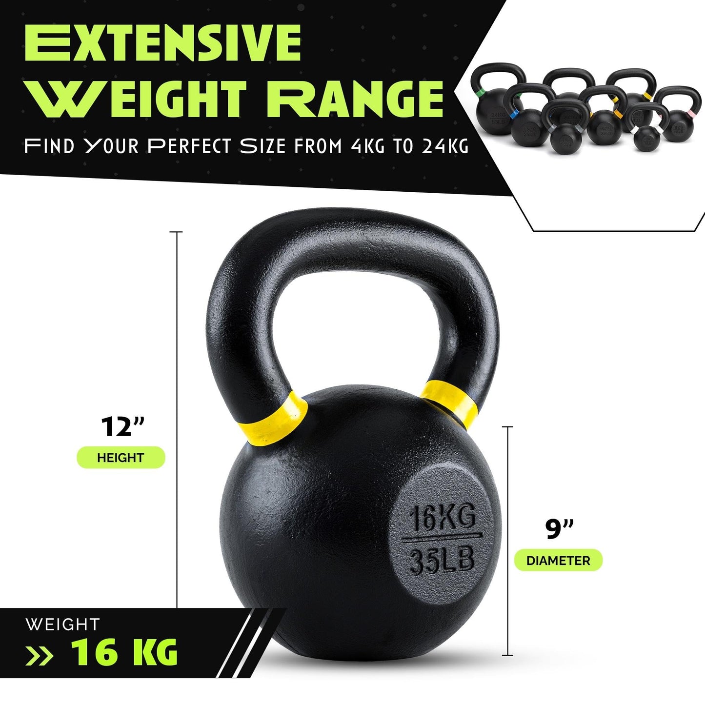 Rage Fitness Single Cast Iron Kettlebell | Powder Coated - Wide Handle Weights for Core & Glute Workouts; Swings, Squats, Deadlifts; Strength, Endurance & Flexibility for Men & Women
