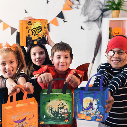 AhfuLife 16 Pcs Halloween Trick or Treat Bags, Candy Tote Bags with Handles, Reusable Non-Woven Gift Bag for Halloween Party Supplies Favors (7.8×7.8×3.1’’)