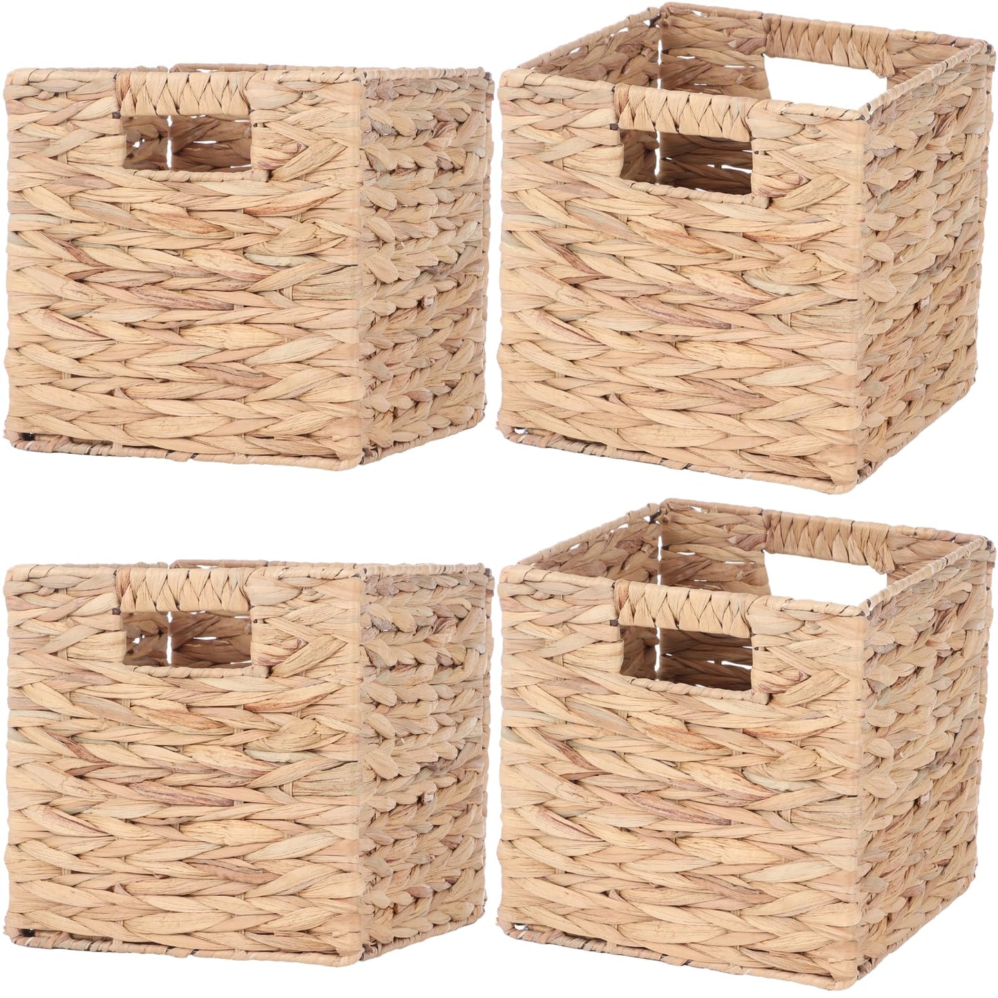 4 Pcs 9 Inch Wicker Cubes Storage Bins - Woven Water Hyacinth Storage Baskets, Foldable Bins with Handles, Collapsible Square Containers for Shelves, Closets, 8.7×8.7×8.7"