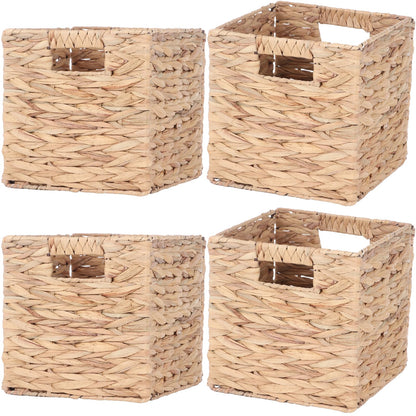 4 Pcs 9 Inch Wicker Cubes Storage Bins - Woven Water Hyacinth Storage Baskets, Foldable Bins with Handles, Collapsible Square Containers for Shelves, Closets, 8.7×8.7×8.7"