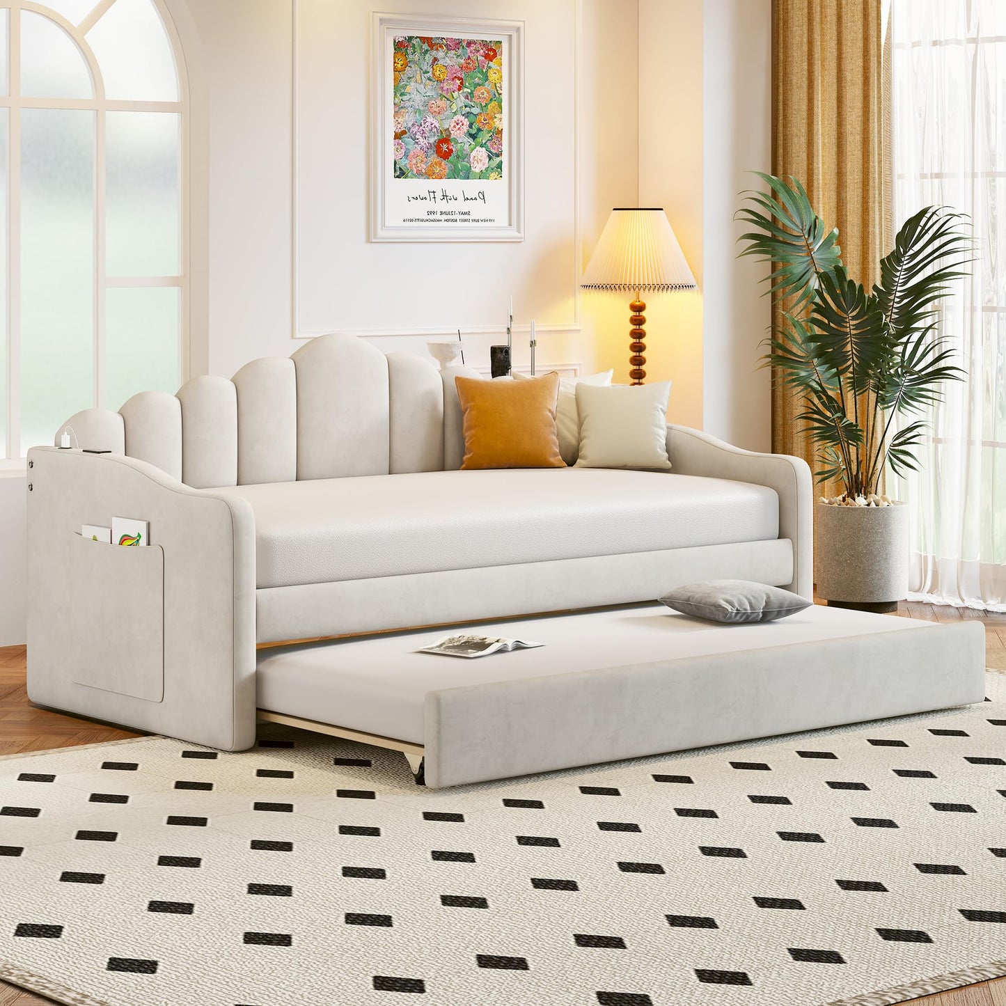 Ball & Cast Twin Daybed with Trundle and Channel Tufted Backrest,Velvet Upholstered Day Bed Frame with USB Charging Ports and 2 Side Pockets, Wood Slats Support,No Box Spring Needed,Beige