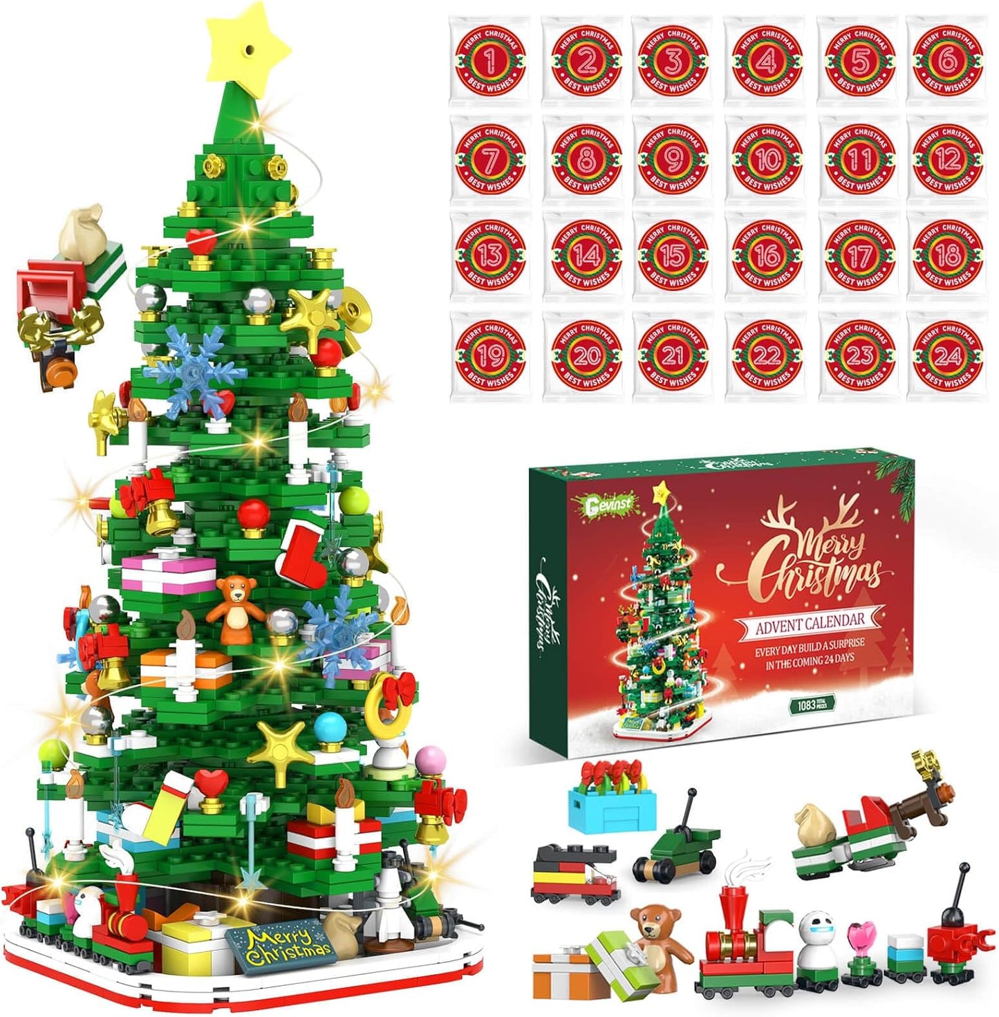2025 Set 24 Countdown (1083 Advent Calendar Adult Teen Boy Girls Kids Christmas Tree Building Toys with Led light