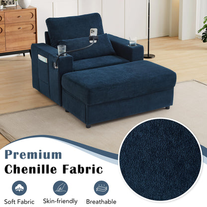 Merax Modern Oversized Chaise Longue Chair with Movable Storage Ottoman, 2 USB Ports, 2 Cup Holders, a Phone Holder, Side Pockets, 42.5" Reclining Chair for Living Room, Bedroom, Blue