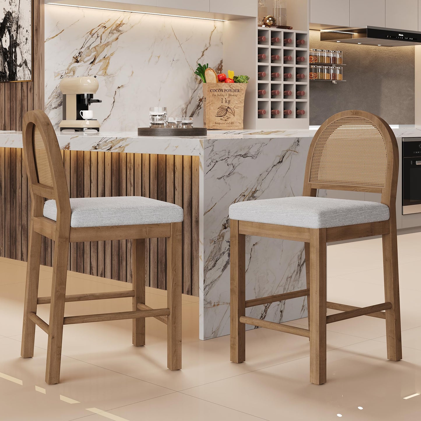 Merax Upholstered Bar Stool Set of 2, 24.5" Counter Height, Solid Wood Frame, Natural Rattan Woven Back, High Chair for Kitchen Island and Bar Tables, Brown and Gray