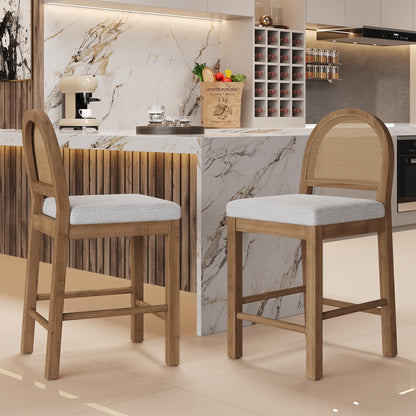 Merax Upholstered Bar Stool Set of 2, 24.5" Counter Height, Solid Wood Frame, Natural Rattan Woven Back, High Chair for Kitchen Island and Bar Tables, Brown and Gray