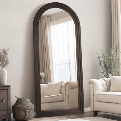 Rustic Standing Full Length Mirror Wood Frame, 71"X32" Large Arched Floor Mirror with Stand, Farmhouse Wood Mirror Full Length for Bedroom Living Room Entryway, Leaning or Wall Mounted, Brown