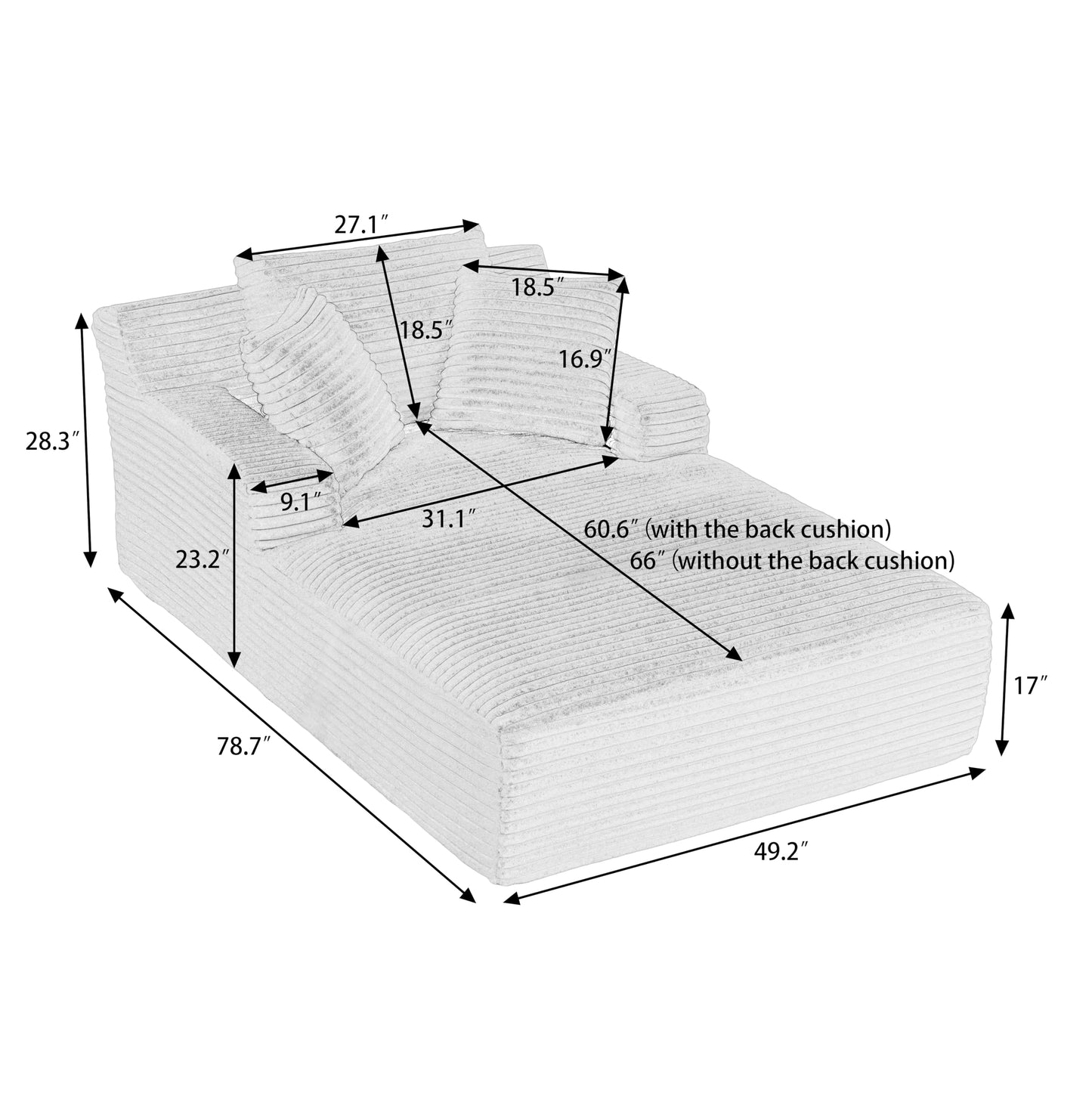 KEIKI 78.7" Oversized Chaise Lounge Chair Indoor, Corduroy Upholstered Boneless Cloud Couch with 3 Pillows, Deep Seat Comfy Sleeper Sofa Bed, No Assembly Required for Living Room