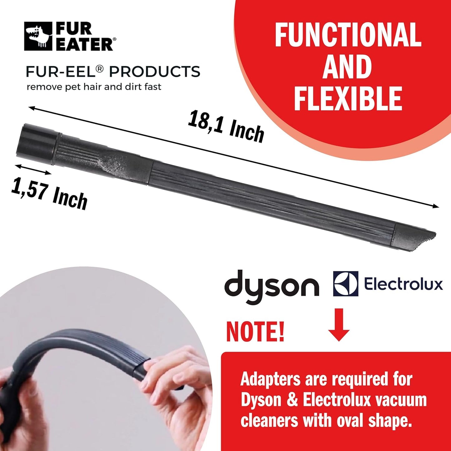 18.1 1 1/4 1 3/8 (32 35 mm), FUR-EEL Vacuum Crevice Tool, Extra Long in Flexible Attachment, Fits Round Hoses
