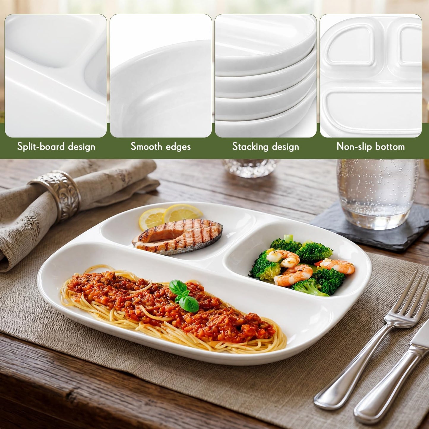 Lounsweer 4 Pack 8.58" Portion Control Plates White Rectangle Ceramic Porcelain Divided Plates Set for Rational Eating Healthy Diet Dinner 3 Compartment for Adults Microwave Dishwasher Safe