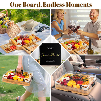 CAWIU Charcuterie Board with Lid – Large Bamboo Cheese Board Set with Utensils & Drawers – Housewarming, Wedding Gifts for Couples, Serving Tray with Cover (Black)