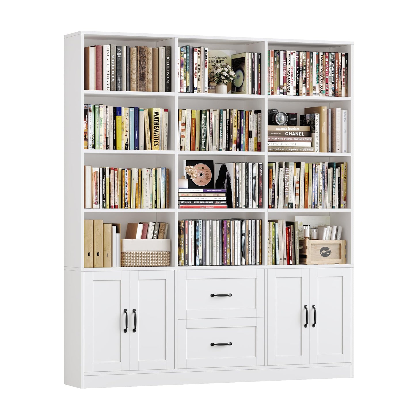 HOSTACK 71" Tall Triple Wide Bookshelf with Doors & Drawers, Modern Wood Bookcase for Storage, 6-Tier Large Bookcase with Display Shelves, Space-Saving Bookshelf for Living Room, Home Office, White